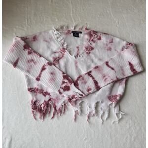 Trendy Threads Distressed Tie-Dye Pullover Sweater V-Neck White Pink M
